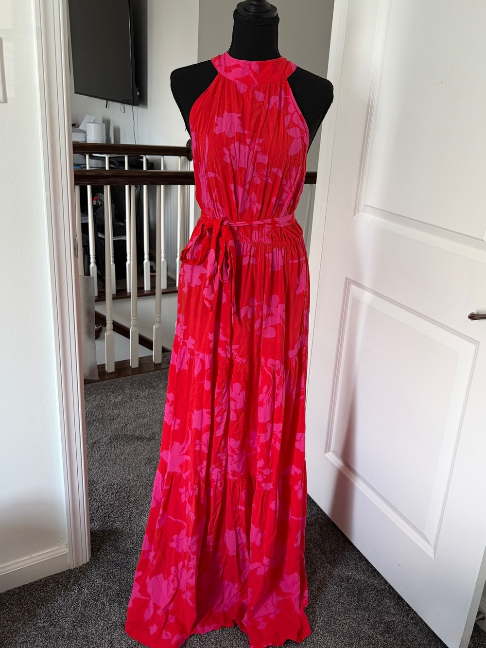 Red & Pink Floral Halter Maxi Dress